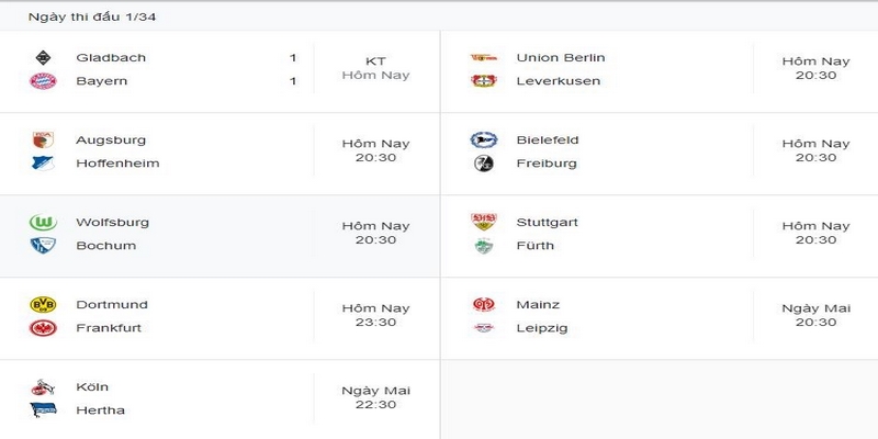 Thời gian thi đấu Bundesliga được cập nhật chi tiết
